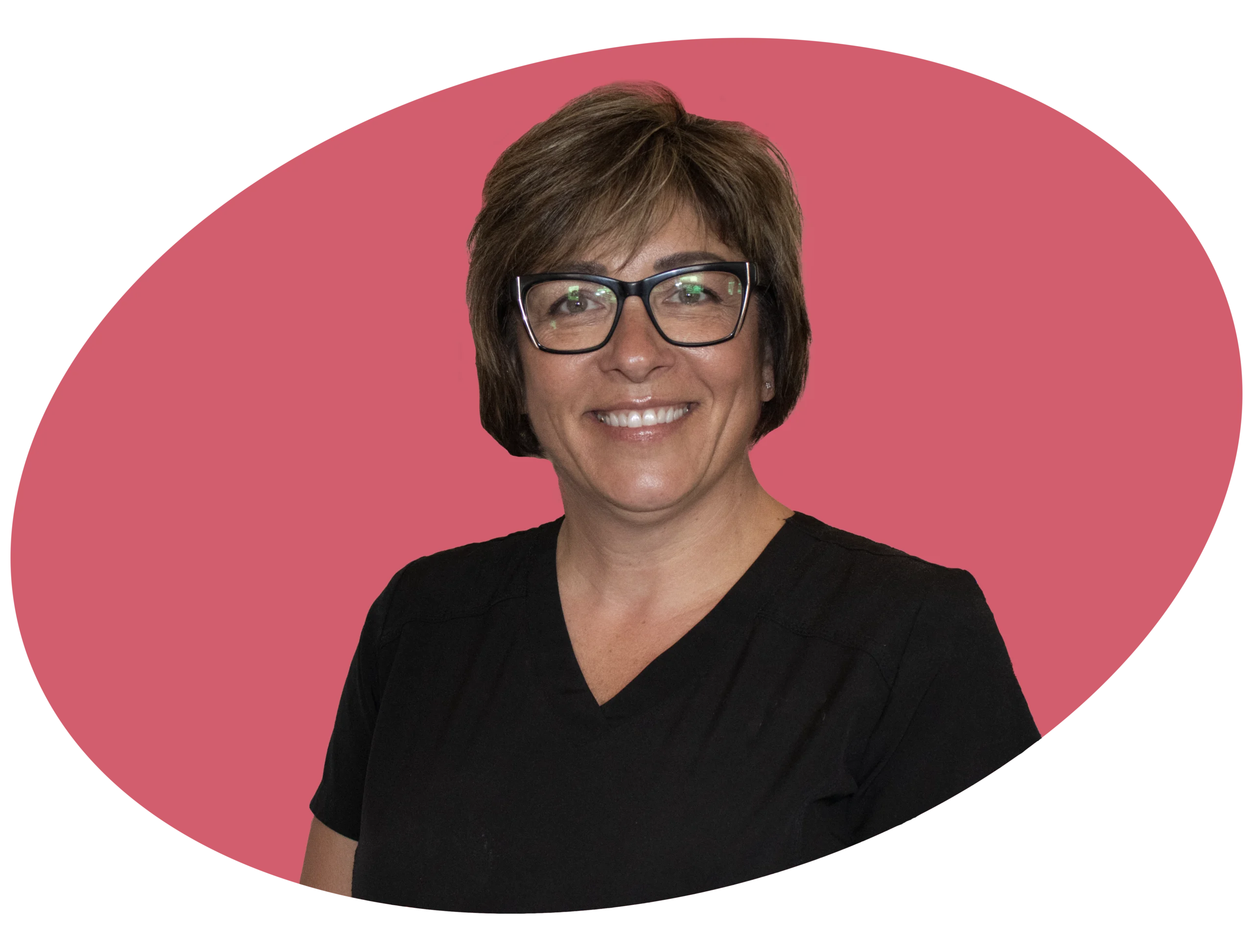 An image of a smiling dental assistant with glasses